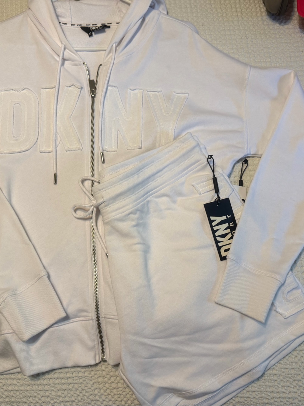 DKNY White Cotton-Blend Zip Front Hoodie Jacket